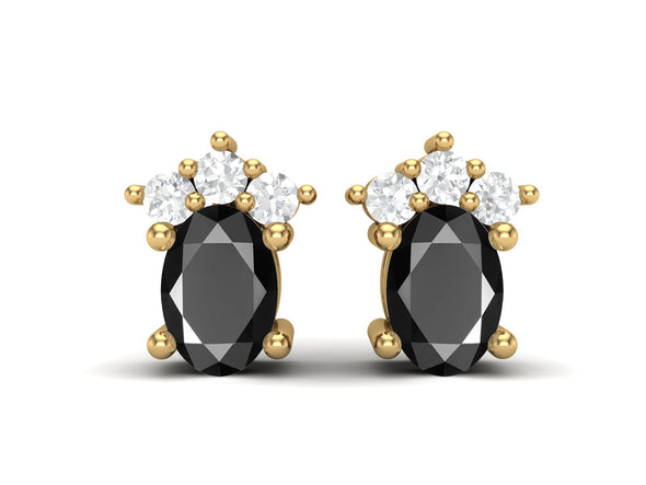 925 Silver Solitaire Studs Earrings, 6x4mm Oval Black spinel, Friction Back