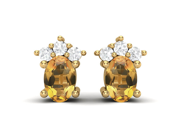 925 Silver Solitaire Studs Earrings, 6x4mm Oval Citrine, Friction Back