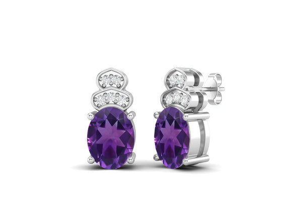 8x6mm Oval Shape Amethyst Friction Back 925 Sterling Silver Women's Studs Earrings