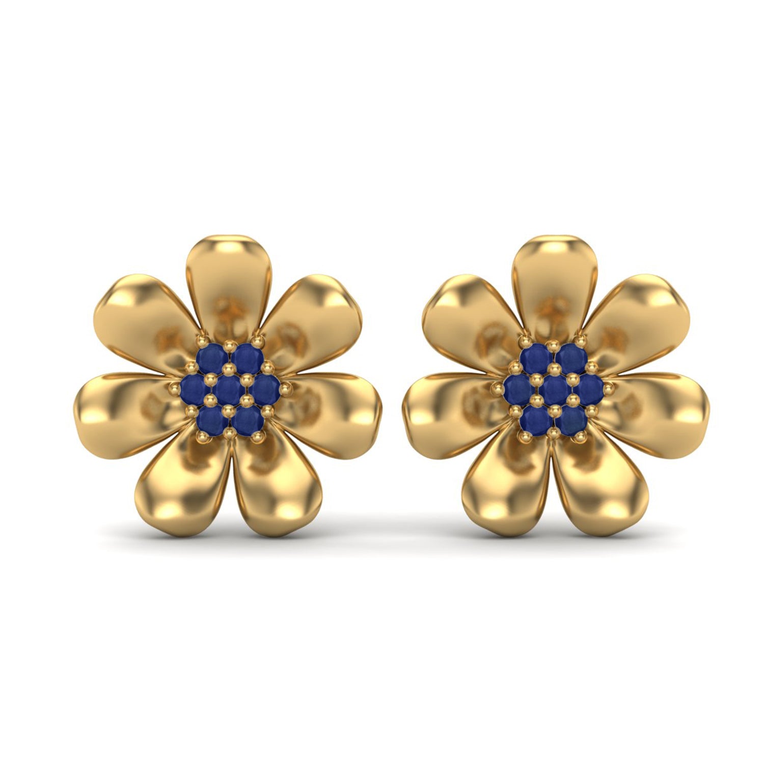 Blue Sapphire 0.40 Ct Round Floral Stud Earrings -14k Yellow Gold