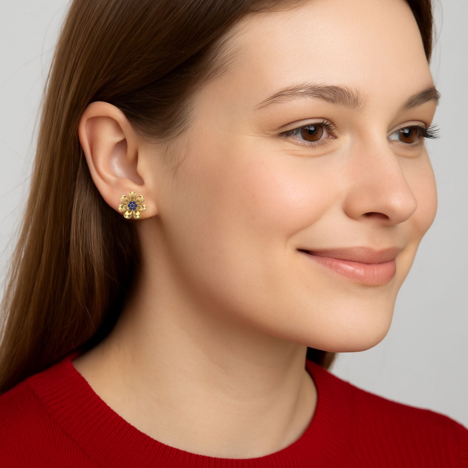 Blue Sapphire 0.40 Ct Round Floral Stud Earrings -14k Yellow Gold