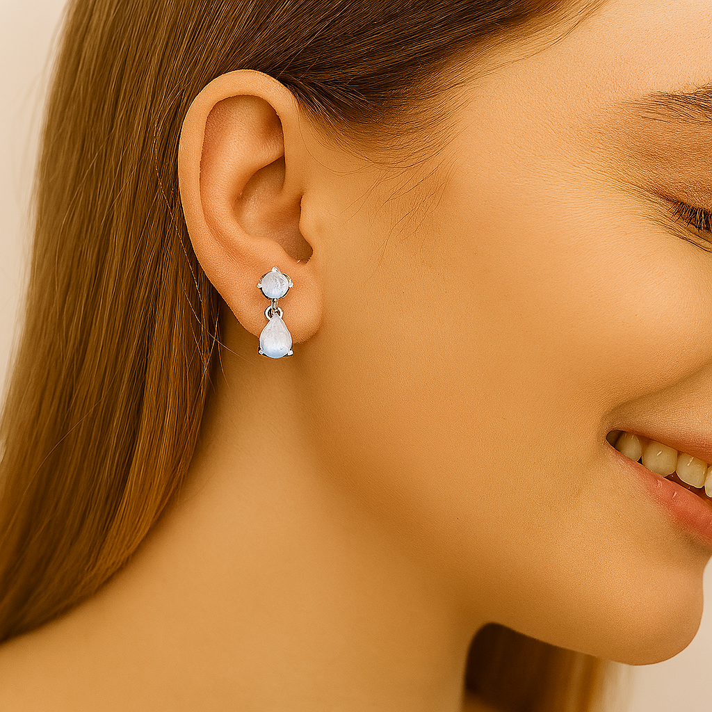 Orecchini a bottone in argento sterling 925 con pietra di luna naturale, orecchini di fidanzamento di design