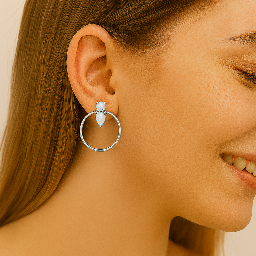 Moonstone Open Hoop Drop Earrings- Sterling Silver