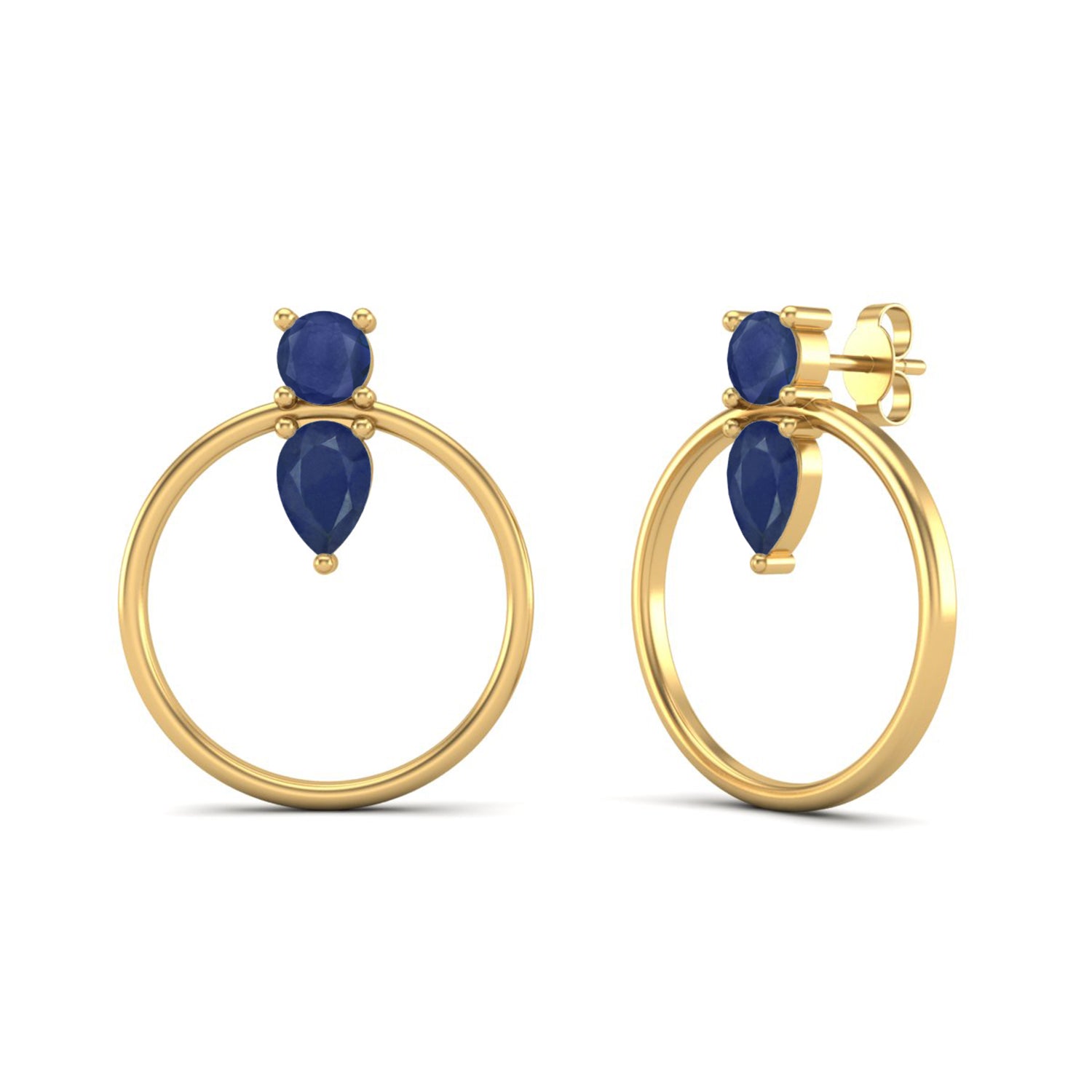 Blue Sapphire Open Hoop Drop Earrings- Sterling Silver