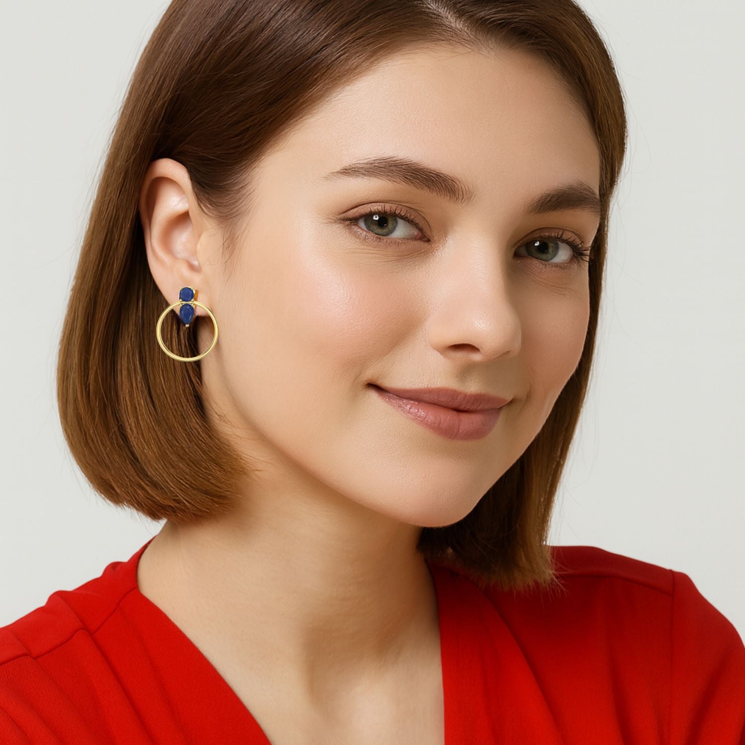 1.52 Ct Pear & Round Blue Sapphire  Hoop Earrings - 14k Fine Gold