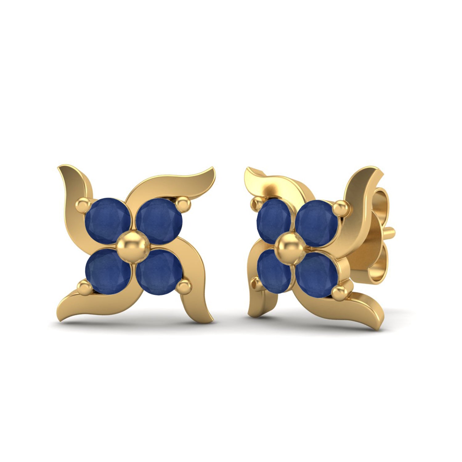 Blue Sapphire 0.65 Ct Round Floral Cluster Stud Earrings - 14k Yellow Gold
