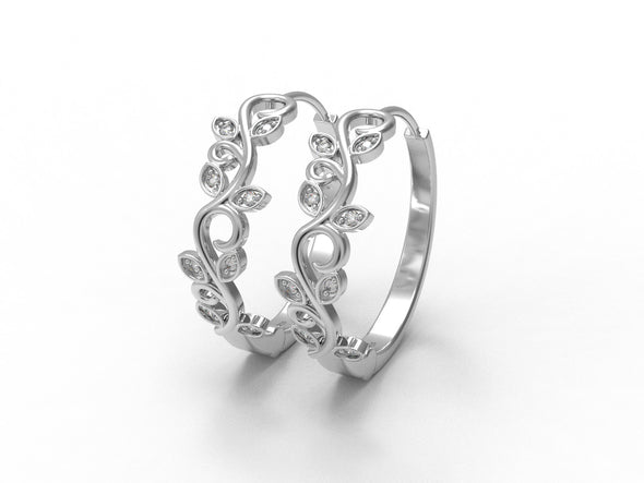 925 Sterling Silver Round Moissanite Leaf Design Huggie Hoop Filigree Earring