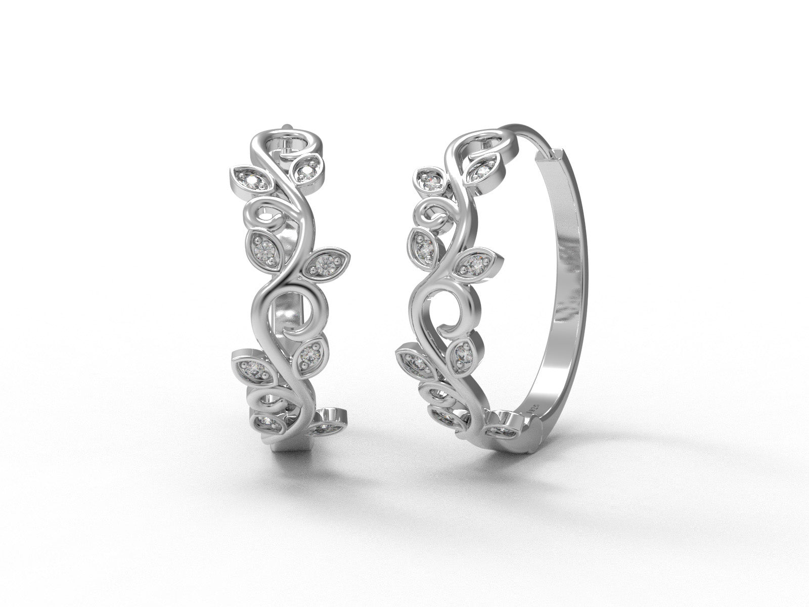 Moissanite Leaf Vine Scroll Hoop Earrings – Sterling Silver