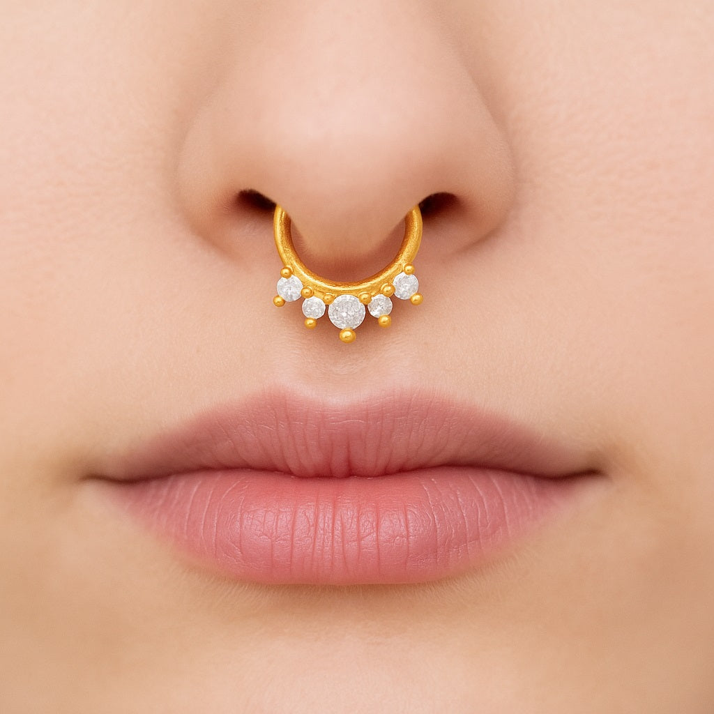 White CZ Septum Nose Pin - Sterling Silver Gold Plated