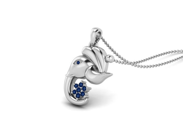 925 Sterling Silver Round Blue Sapphire Hindu Religious Ganesh Men Women Necklace
