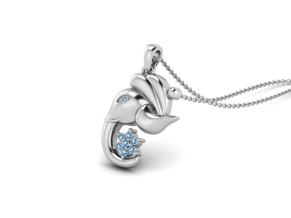 925 Sterling Silver Round Blue Topaz Hindu Religious Ganesh Men Women Necklace