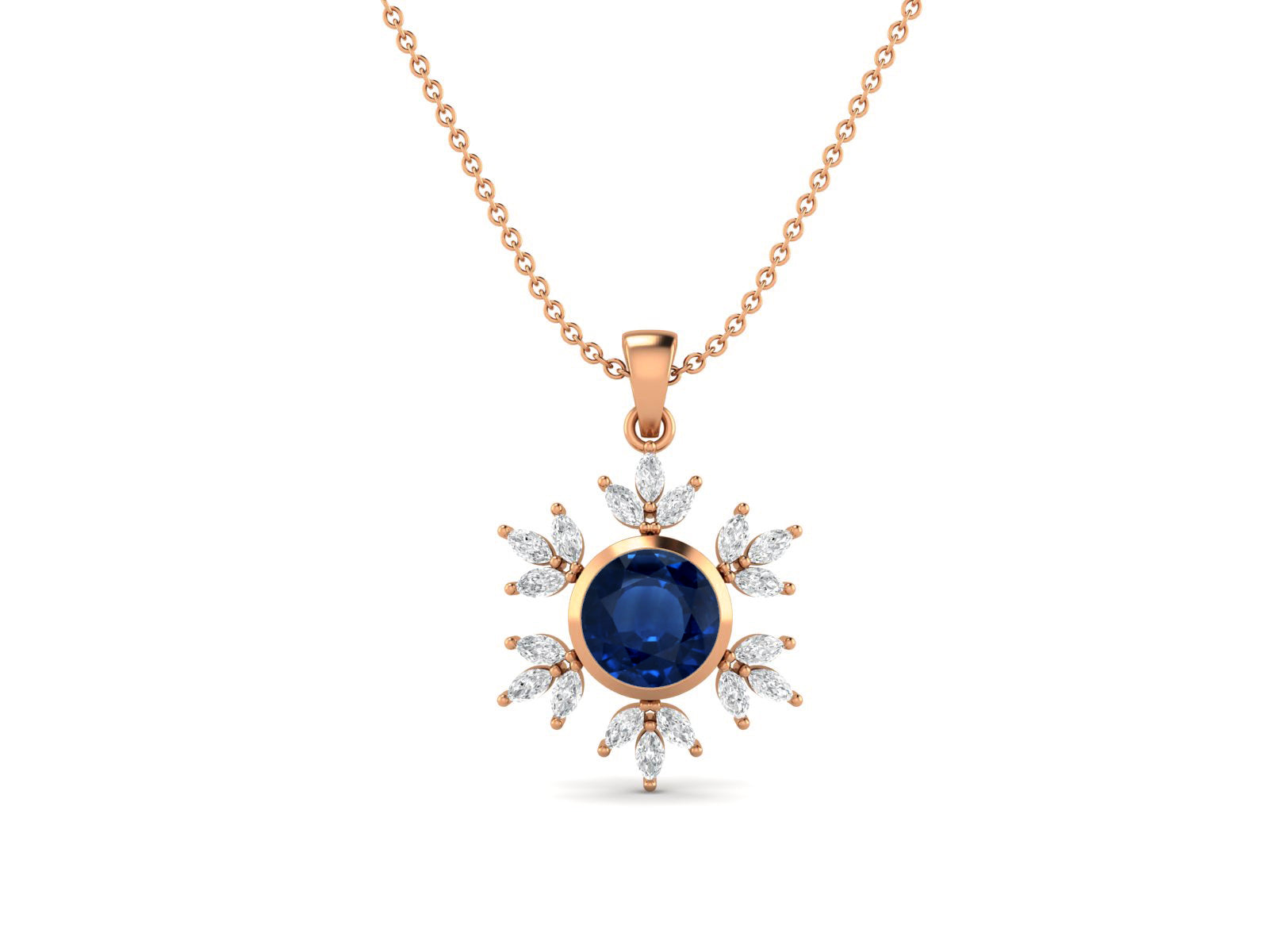 Blue Sapphire Snowflake Starburst Design Necklace - Sterling Silver