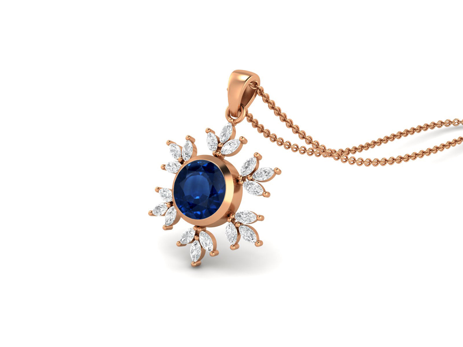 Blue Sapphire Snowflake Starburst Design Necklace - Sterling Silver