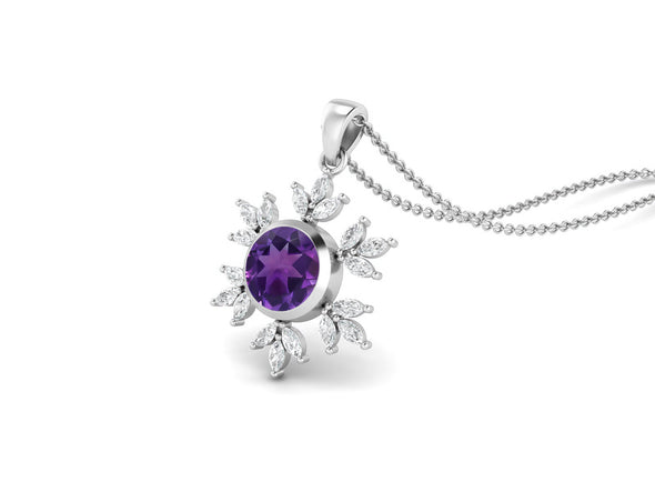 10MM Round Amethyst Gemstone 925 Sterling Silver Flower Women Pendant Necklace