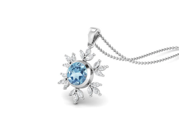 10MM Round Blue Topaz Gemstone 925 Sterling Silver Flower Women Pendant Necklace