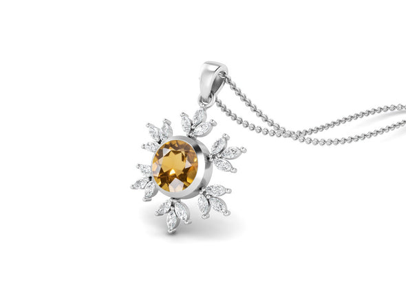 10MM Round Citrine Gemstone 925 Sterling Silver Flower Women Pendant Necklace