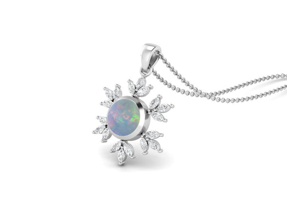 10MM Round Opal Gemstone 925 Sterling Silver Flower Women Pendant Necklace