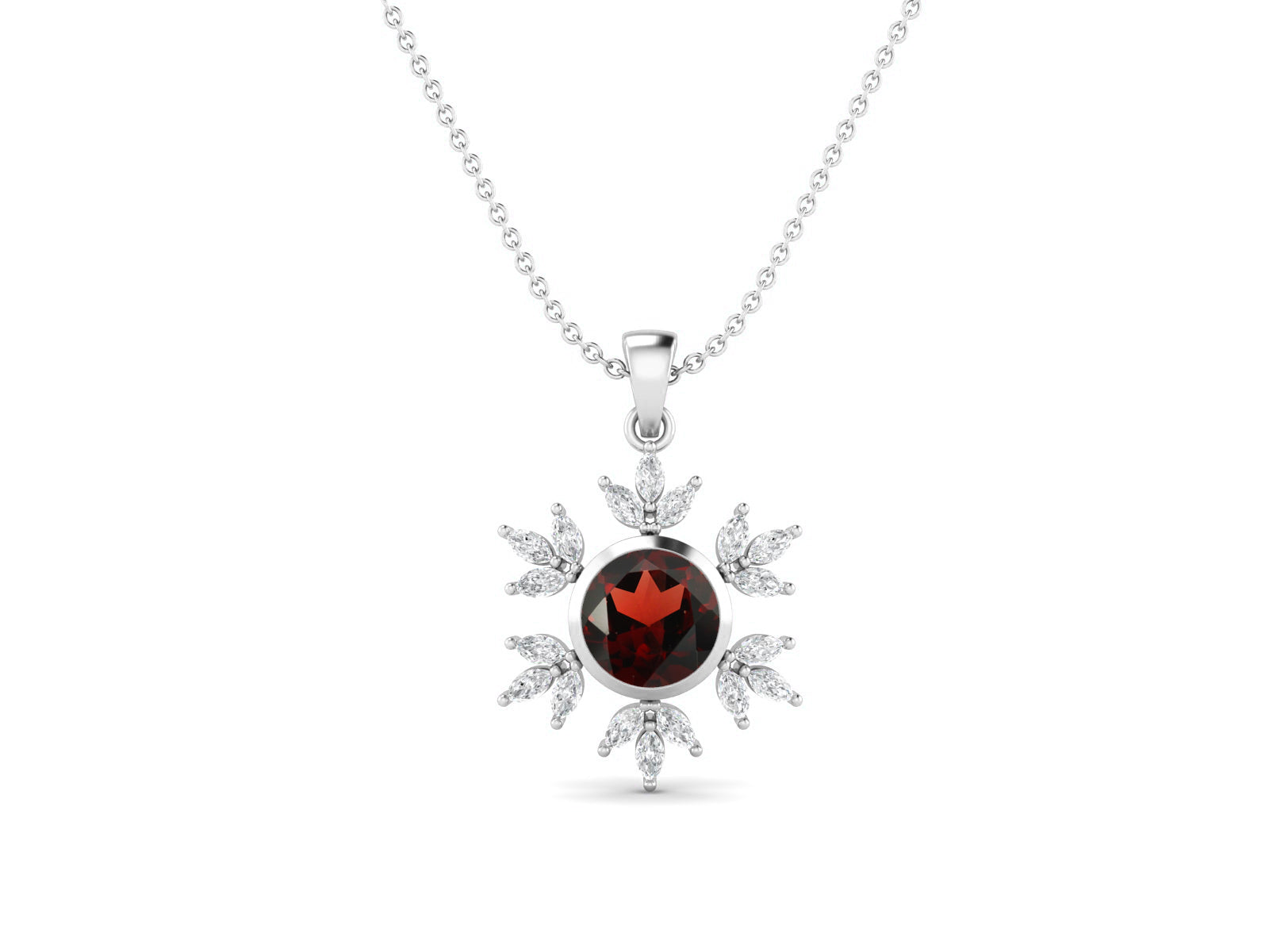Garnet Snowflake Starburst Design Necklace - Sterling Silver