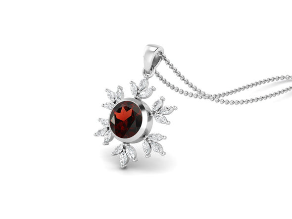 10MM Round Garnet Gemstone 925 Sterling Silver Flower Women Pendant Necklace