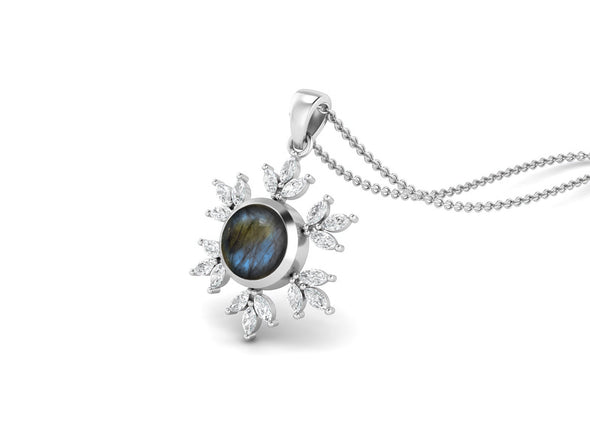 10MM Round Labradorite Gemstone 925 Sterling Silver Flower Women Pendant Necklace