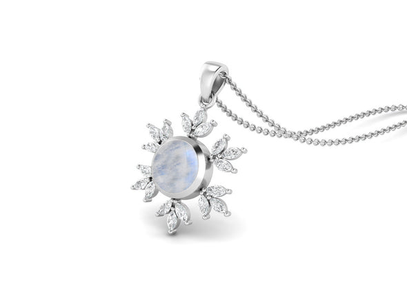 10MM Round Moonstone Gemstone 925 Sterling Silver Flower Women Pendant Necklace