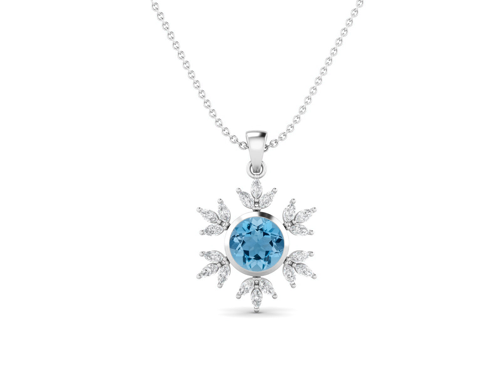 Round Swiss Blue Topaz 925 Sterling Silver Sun Flower Necklace