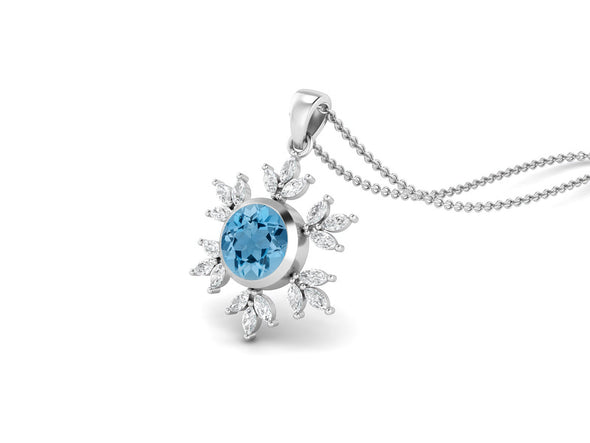 10MM Round Swiss Blue Topaz Gemstone 925 Sterling Silver Flower Women Pendant Necklace