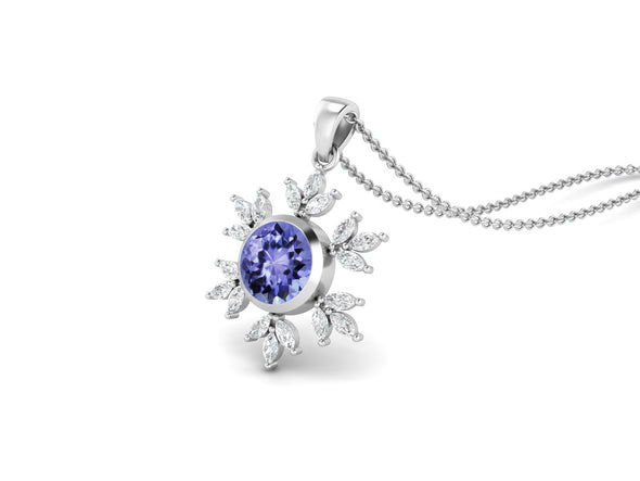 10MM Round Tanzanite Gemstone 925 Sterling Silver Flower Women Pendant Necklace