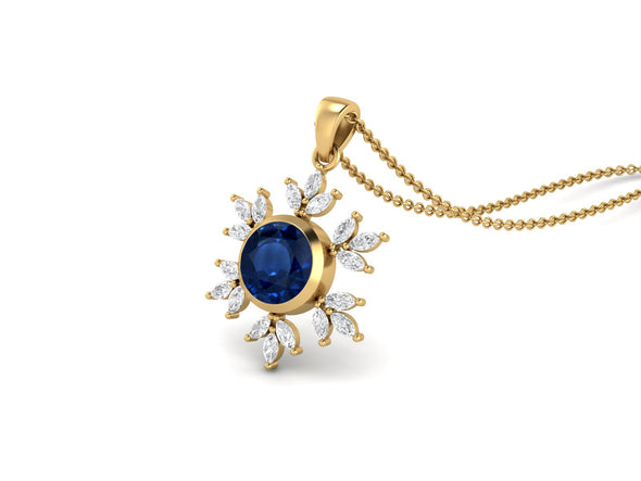 10MM Round Blue Sapphire Gemstone 925 Sterling Silver Flower Women Pendant Necklace