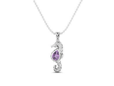 Seahorse Fish Pendant 10X7mm Pear Amethyst 925 Sterling Silver Chain Necklace