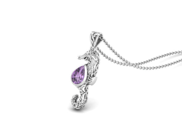Seahorse Fish Pendant 10X7mm Pear Amethyst 925 Sterling Silver Chain Necklace