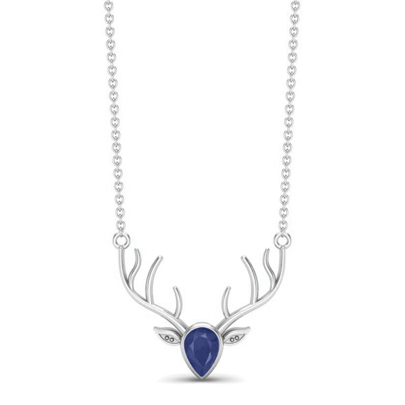 0.75 Ct Blue Sapphire 925 Sterling Silver Stag Head Face Chain Necklace, Animal Pendant Necklace