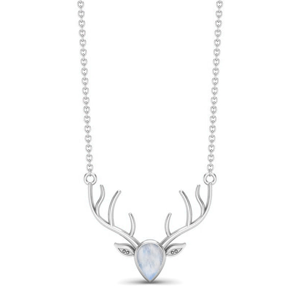 925 Sterling Silver Moonstone Realistic Stag Head Face Chain Necklace, Animal Charm Pendant Necklace