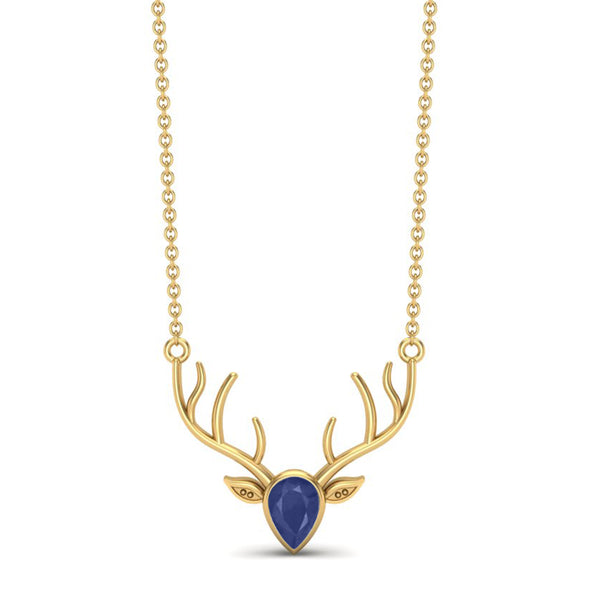 0.75 Cts Blue Sapphire Gemstone 9k Yellow Gold Realistic Stag Head Face Chain Necklace Animal Charm Pendant