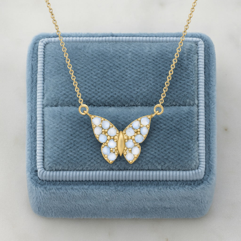 Moonstone 2.00 Ct Round Butterfly Necklace - 14K Yellow Gold