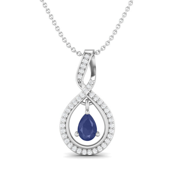 Tear Drop Pear Shaped Blue Sapphire Pendant 925 Sterling Silver White Topaz Chain Necklace