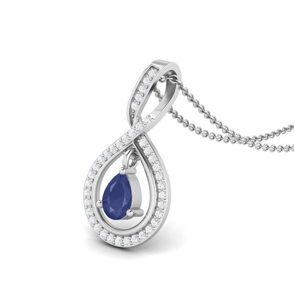 Tear Drop Pear Shaped Blue Sapphire Pendant 925 Sterling Silver White Topaz Chain Necklace