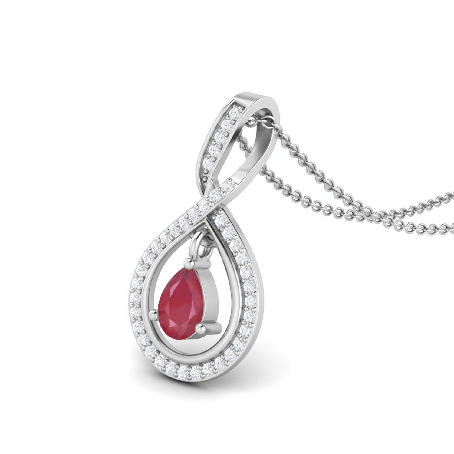 Ruby 0.85 Ct Pear Infinity Halo Pendant Necklace - 14K Yellow Gold