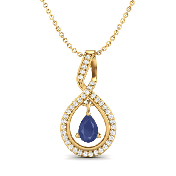 Tear Drop Pear Shaped Blue Sapphire 9k Yellow Gold Pendant Vintage Pear Shaped Wedding Necklace