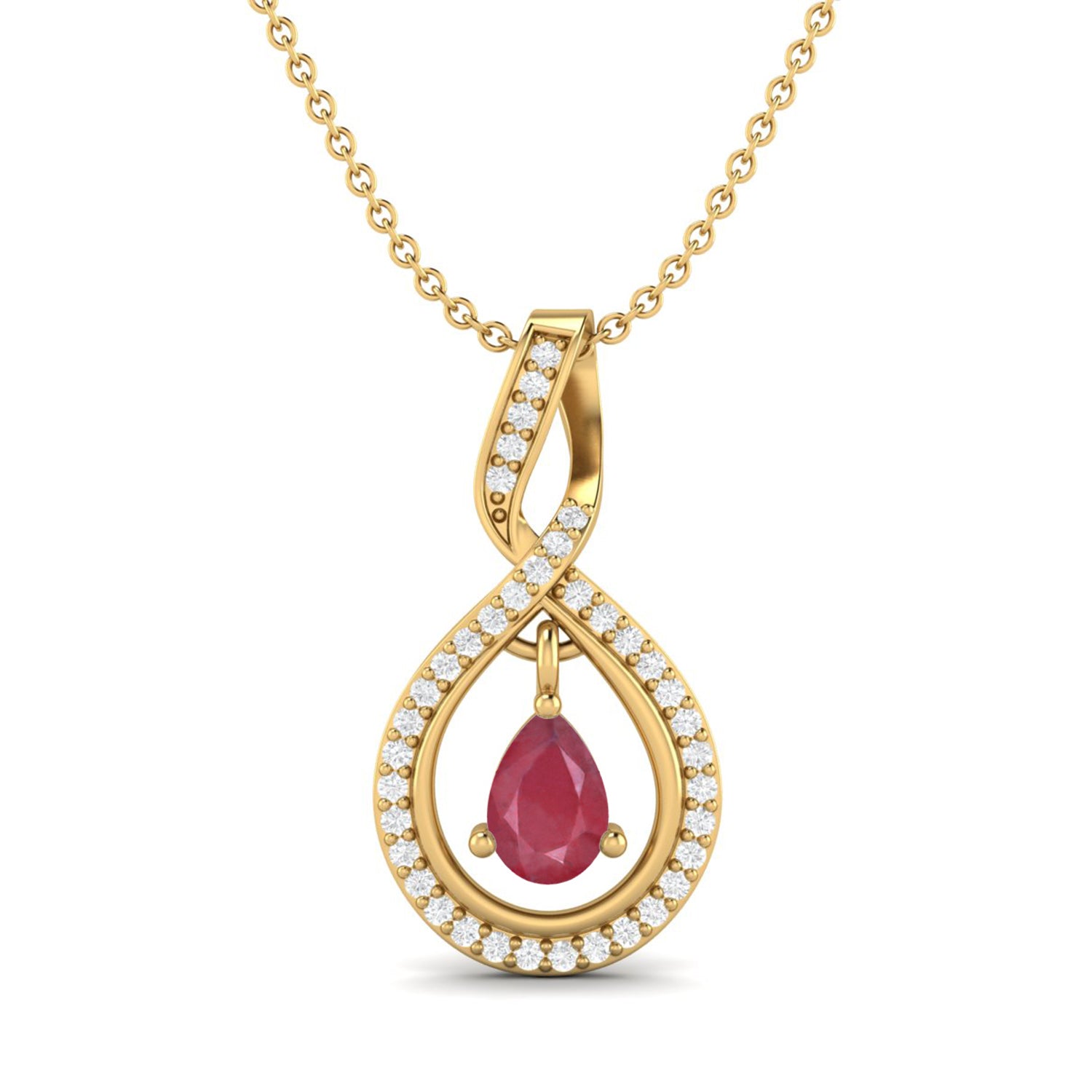 Ruby 0.85 Ct Pear Infinity Halo Pendant Necklace - 14K Yellow Gold