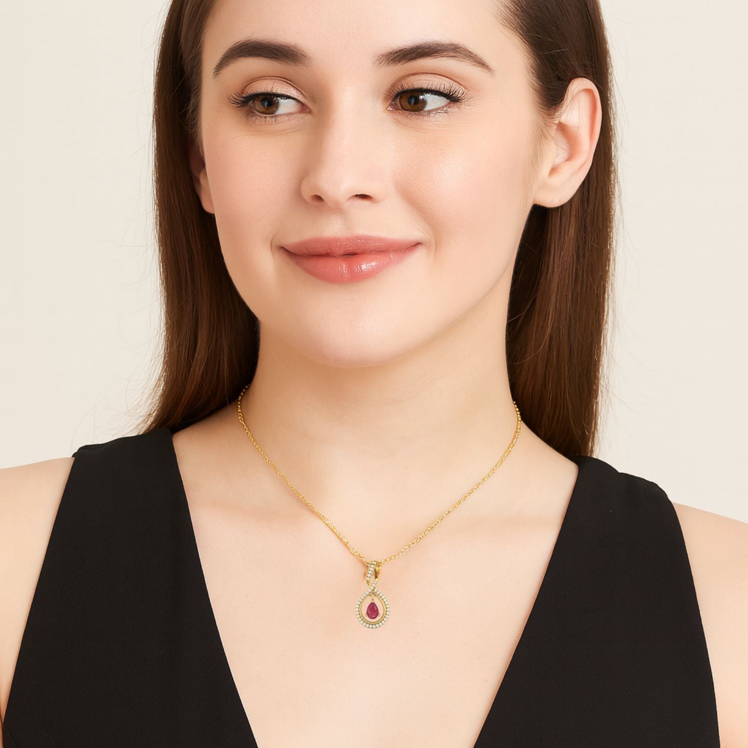 Ruby 0.85 Ct Pear Infinity Halo Pendant Necklace - 14K Yellow Gold