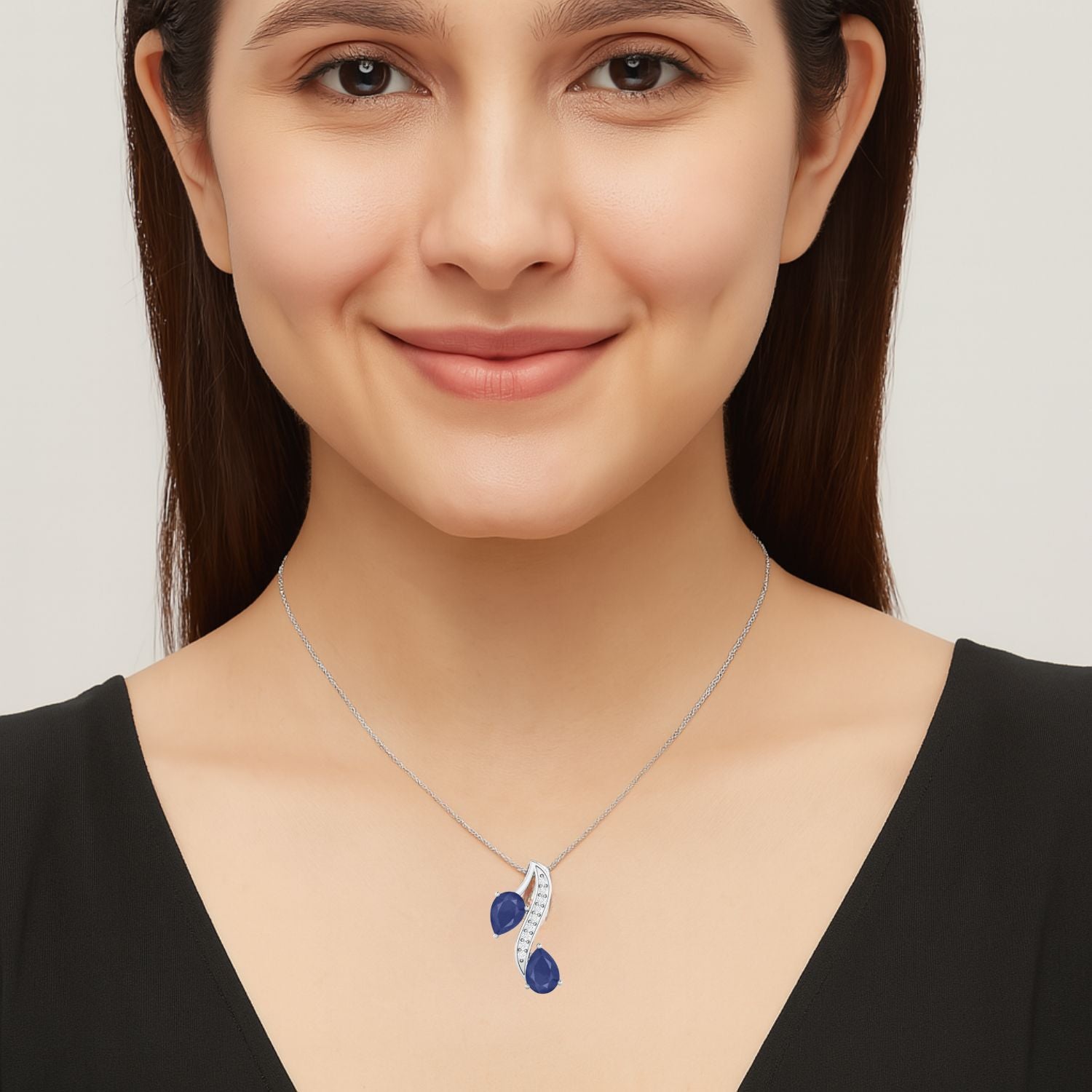 Blue Sapphire Dual Drop Wave Design Pendant - Stelring Silver