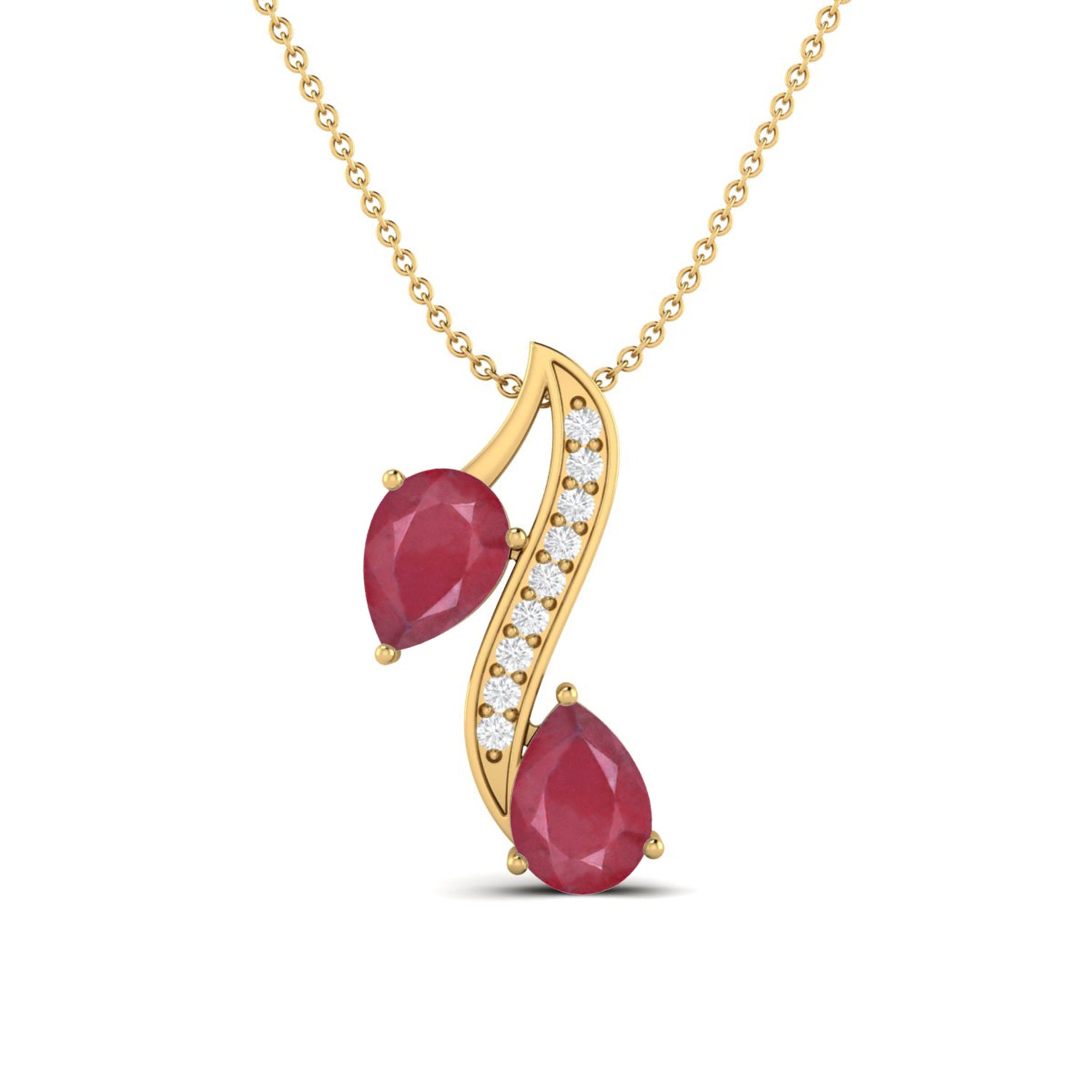 Ruby 0.85 Ct Pear Double Drop Pendant Necklace - 14K Yellow Gold