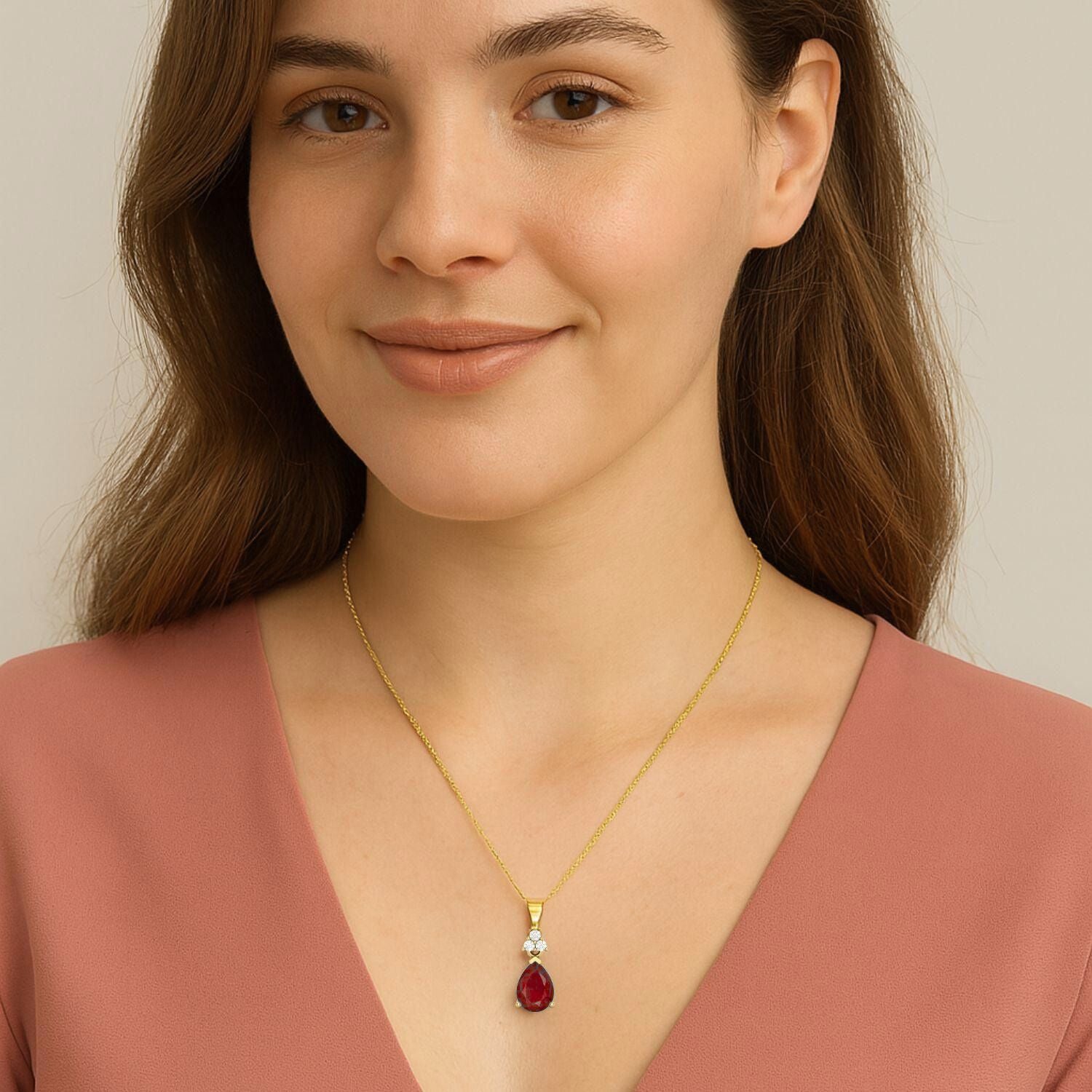 Ruby 0.75 Ct Pear Classic 3-Stone Necklace – 14k Yellow Gold