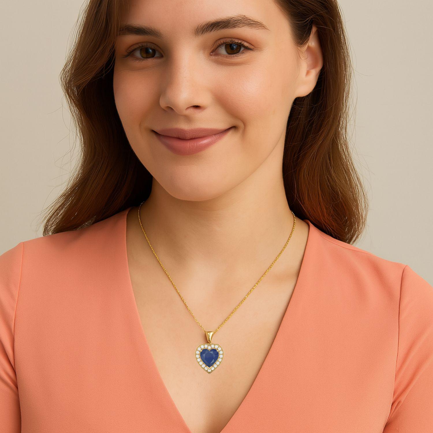 Blue Sapphire Heart 1.20 Ct Halo Love Design Pendant - 14k Yellow Gold