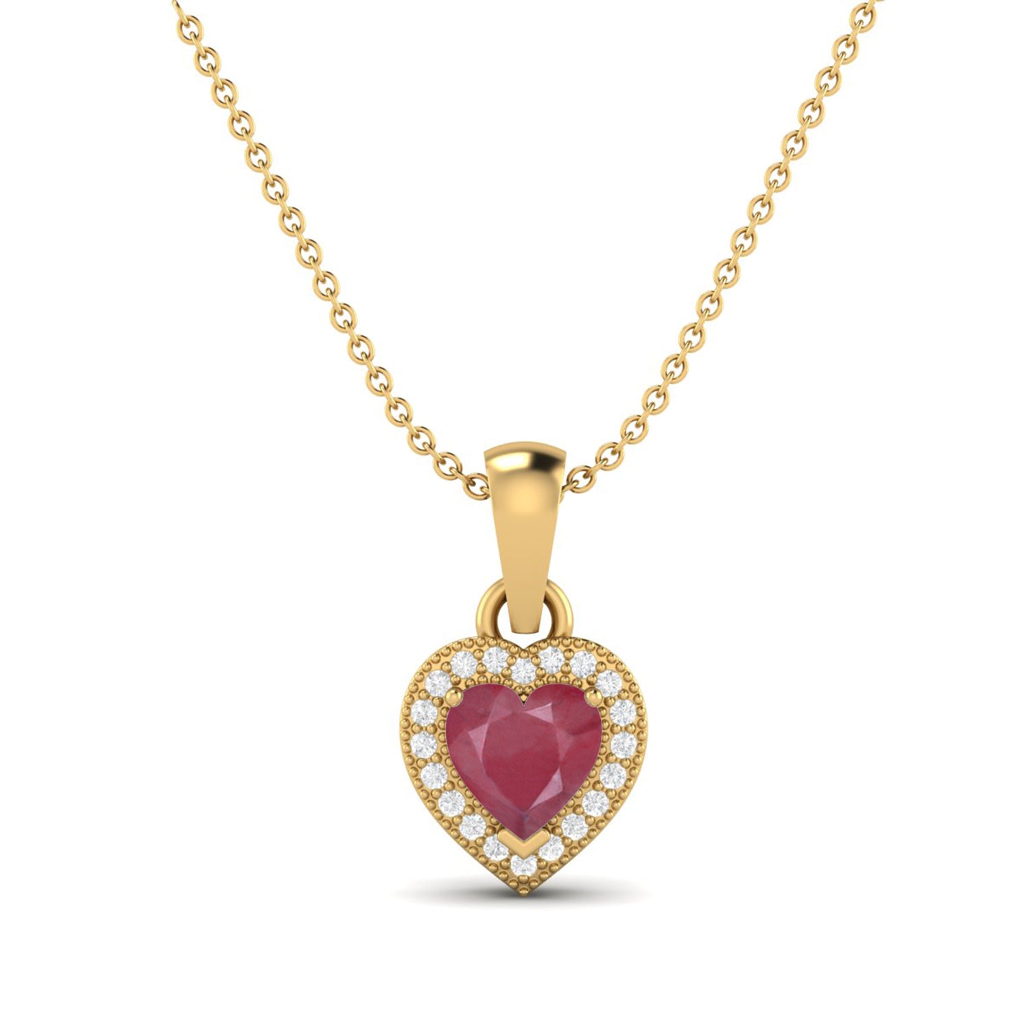 Ruby 0.75 Ct Heart Solitaire Halo Accent Necklace – 14k Fine Yellow Gold