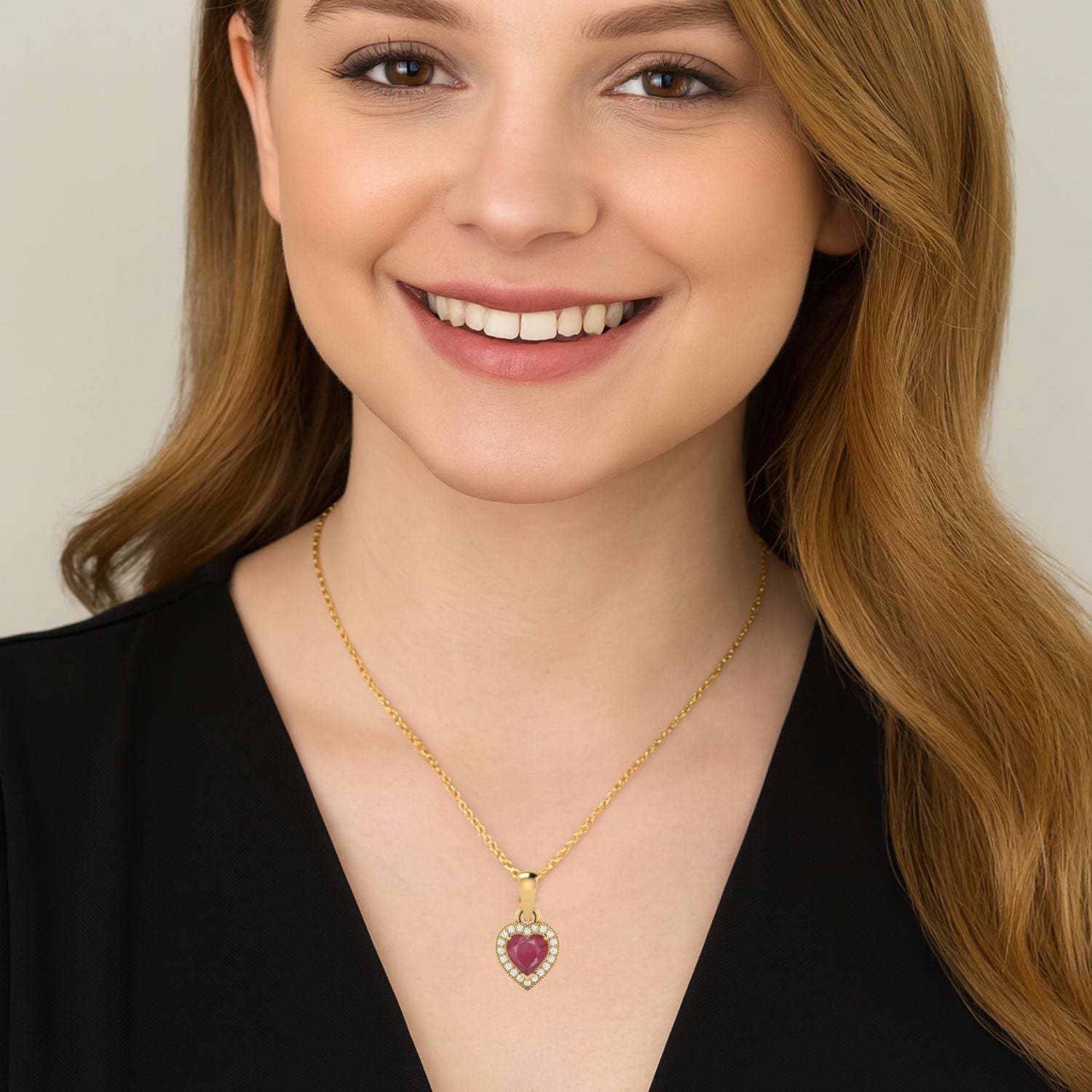 Ruby 0.75 Ct Heart Solitaire Halo Accent Necklace – 14k Fine Yellow Gold