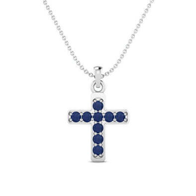 Natural Round Blue Sapphire Gemstone 925 Sterling Silver Holy Cross Pendant Necklace Bridal Necklace