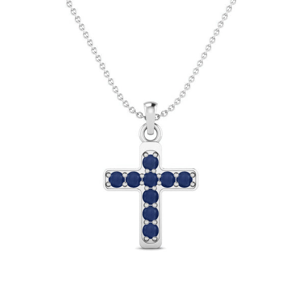 Natural Round Blue Sapphire Gemstone 925 Sterling Silver Holy Cross Pendant Necklace Bridal Necklace