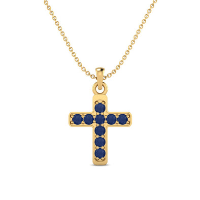 Round Shaped Blue Sapphire Wedding Pendant 9k Yellow Gold Holy Cross Pendant Necklace